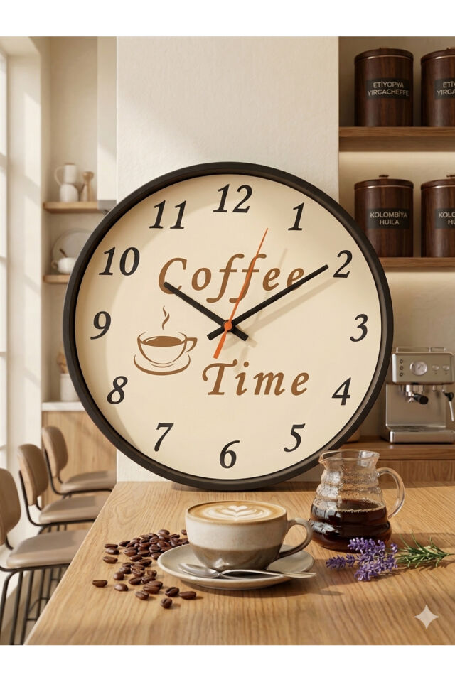 Coffee Time Tasarımlı Dekoratif Mutfak Duvar Saati 24cmx24cm