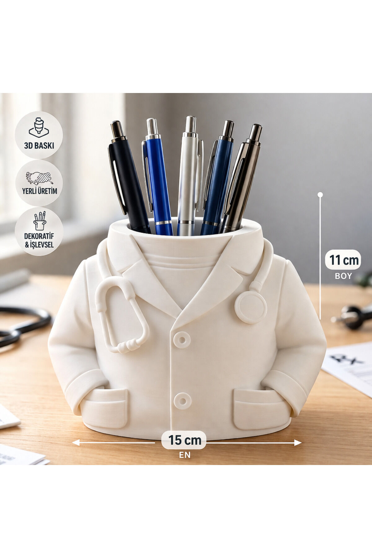 Doktor Figürlü Kalemlik – 3D Baskı Masaüstü Organizer (11x15 cm)