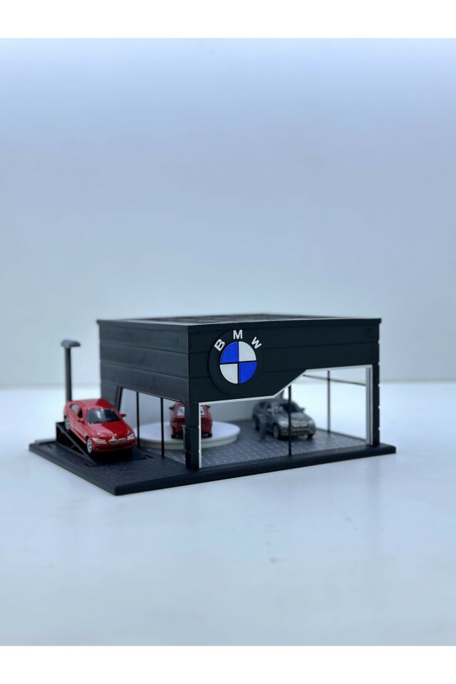 3D Baskı 1/64 Ölçekli BMW Showroom Tasarımlı Siyah Diorama Araç Sergileme Garajı