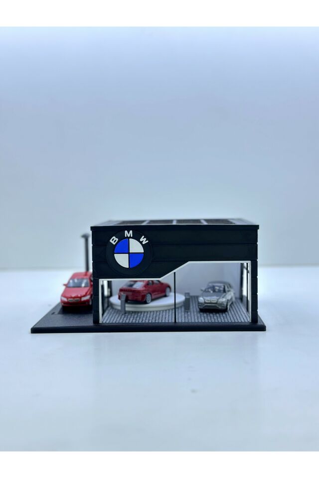3D Baskı 1/64 Ölçekli BMW Showroom Tasarımlı Siyah Diorama Araç Sergileme Garajı