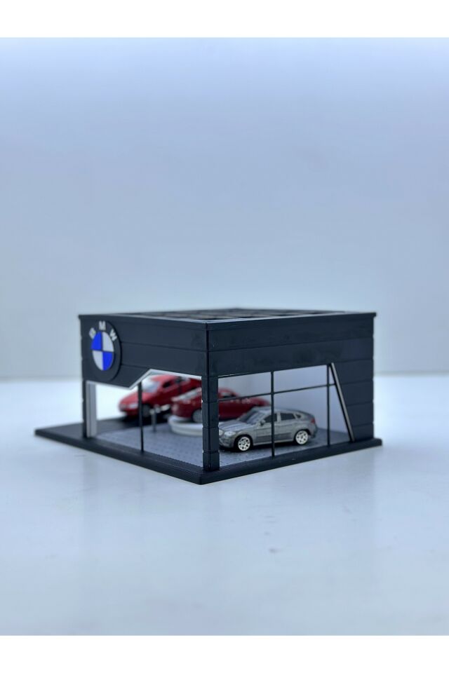 3D Baskı 1/64 Ölçekli BMW Showroom Tasarımlı Siyah Diorama Araç Sergileme Garajı