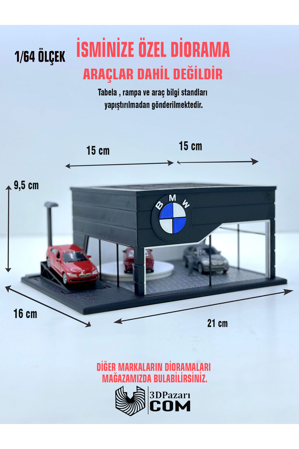 3D Baskı 1/64 Ölçekli BMW Showroom Tasarımlı Siyah Diorama Araç Sergileme Garajı